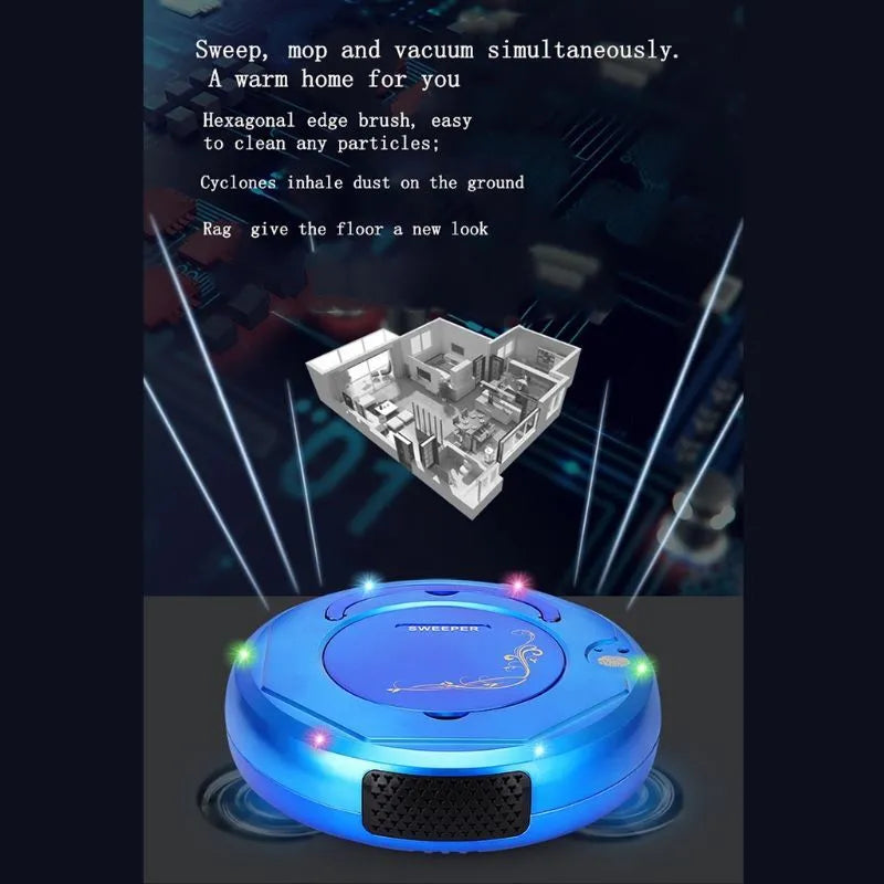 Blue robot vacuum cleaner for automated floor sweeping on tile and wooden flooring