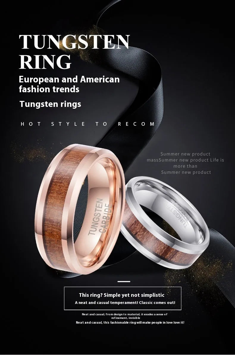Ugyen tungsten carbide men's ring with 8mm wide U-shaped band in rose gold electroplated finish
