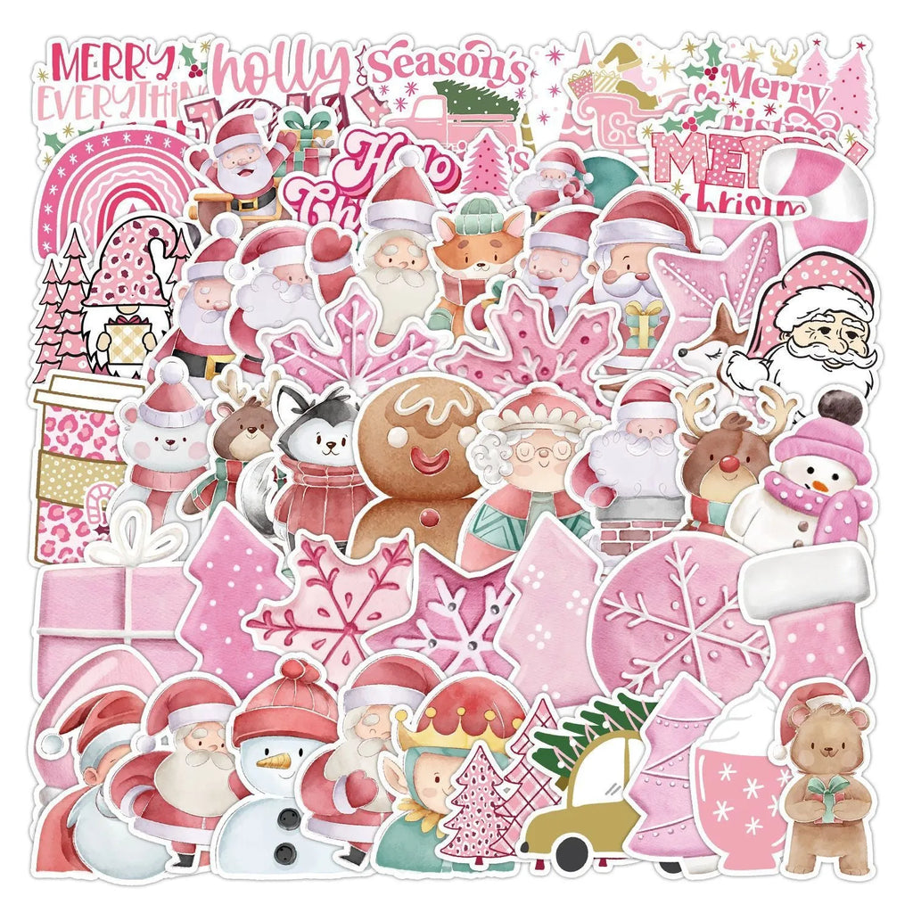 Assortment of 50 cute Christmas-themed waterproof stickers ranging from 4cm to 8cm in size.