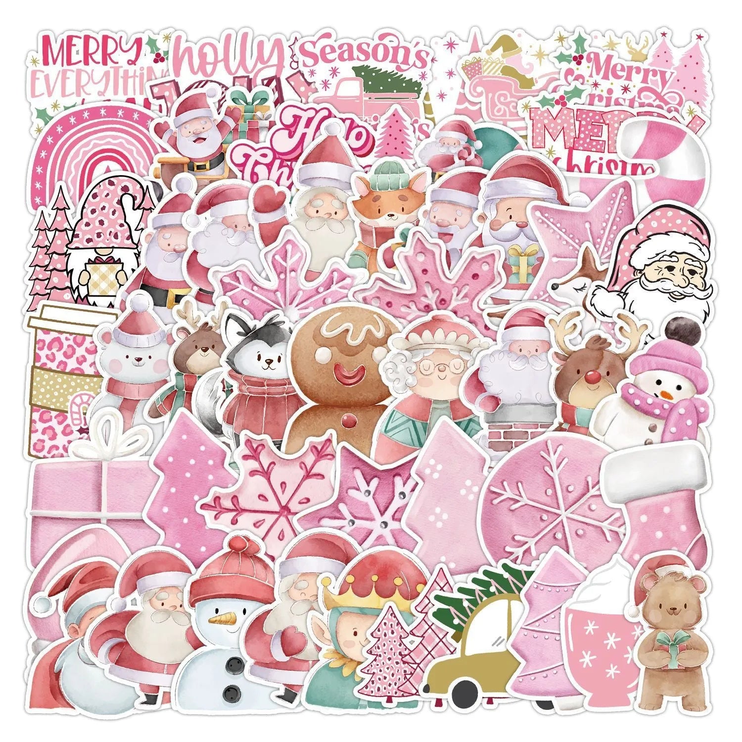 Assortment of 50 cute Christmas-themed waterproof stickers ranging from 4cm to 8cm in size.
