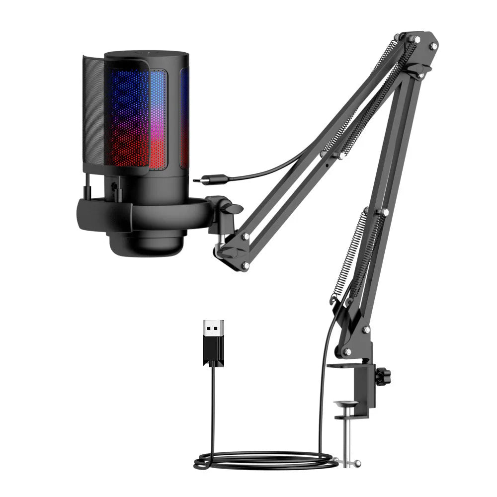 USB condenser microphone with colourful light effect and heart-shaped pickup pattern for streaming and recording