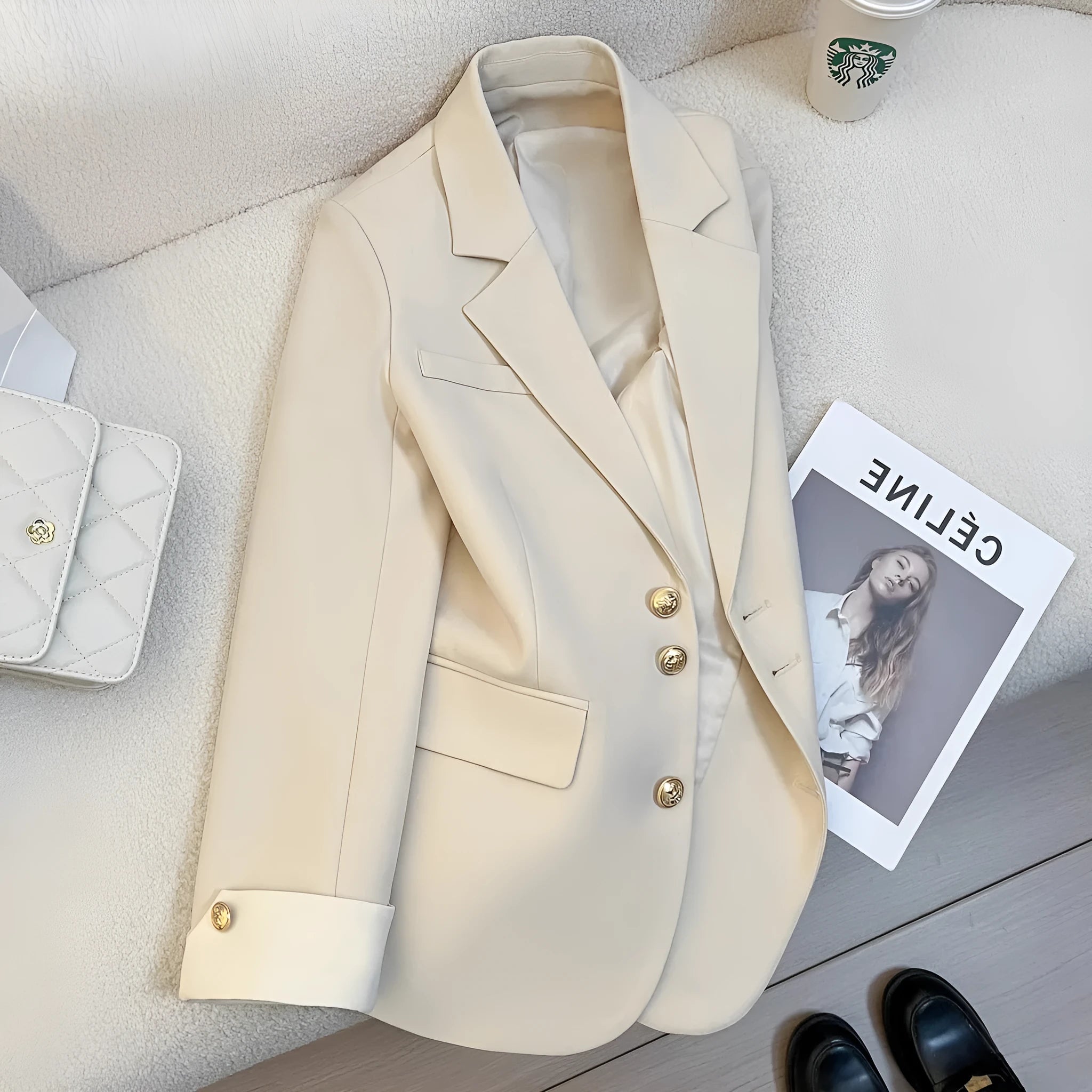 Korean style women's loose fit coat in beige or black with pocket details