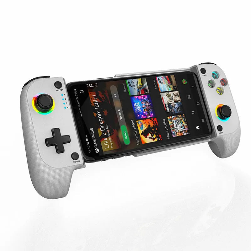 Bluetooth wireless game controller handle for mobile phones showing 17.5cm size and Type-C port