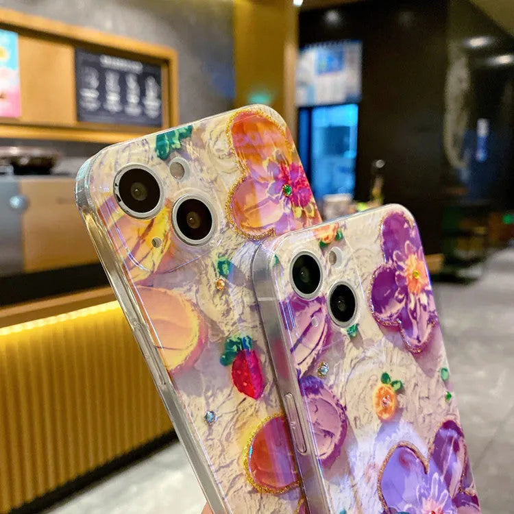 Purple soft rubber phone case with oil painting flower design and inlaid diamond accents