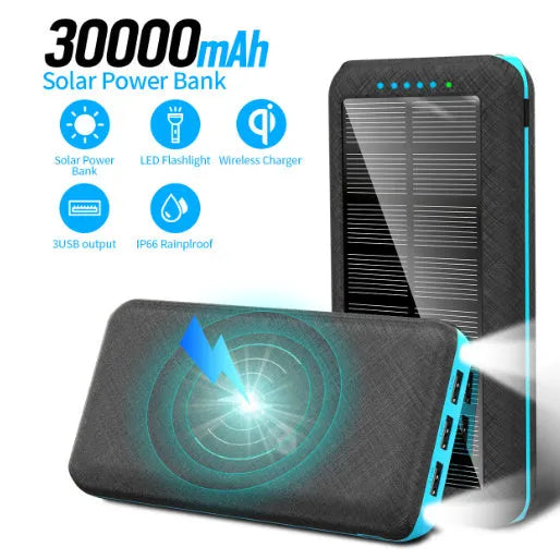 Black solar power bank with wireless charging pad, three USB ports, and an LED flashlight.
