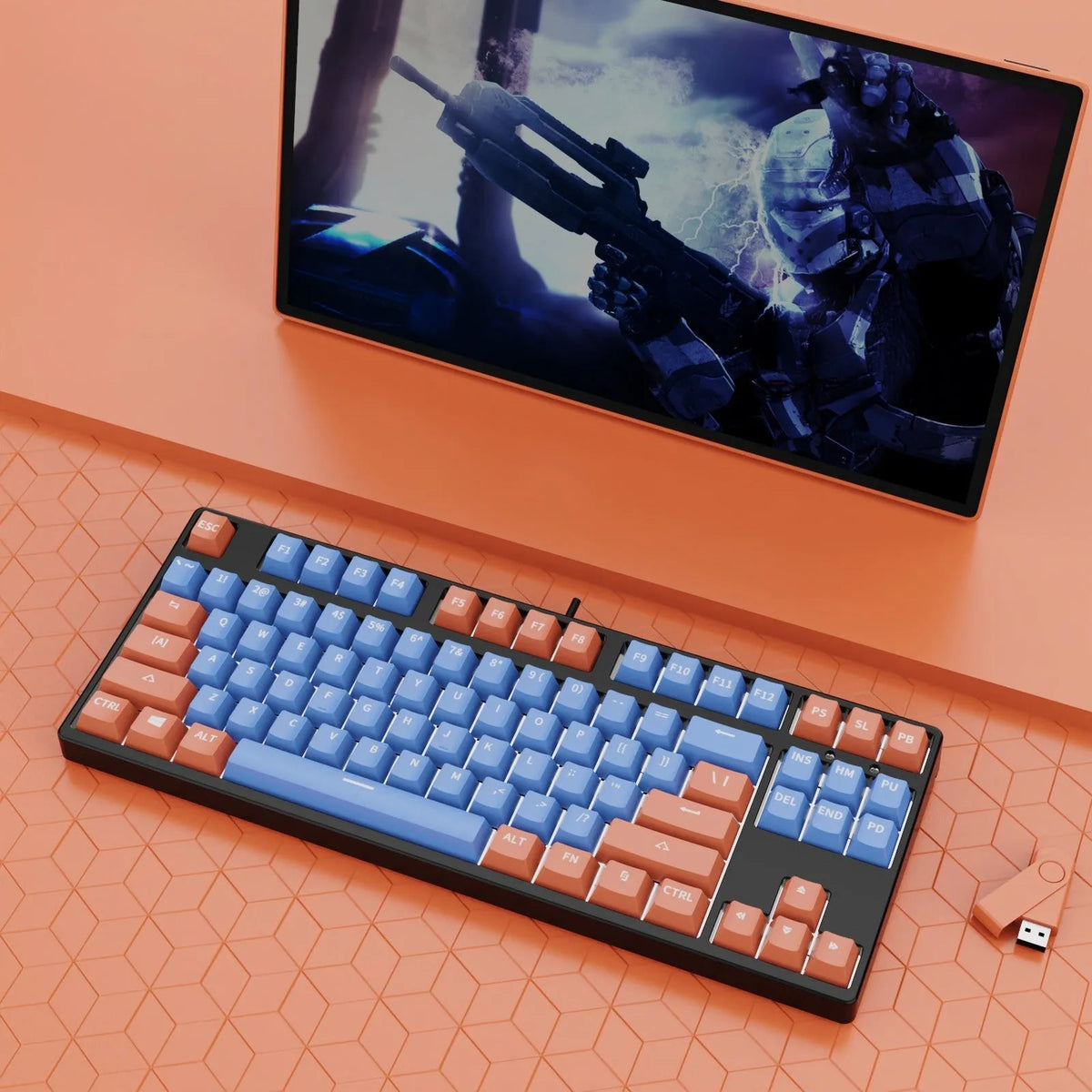 87 key wired mechanical keyboard with hot-swappable switches showing dual-colour keycap theme on metal body