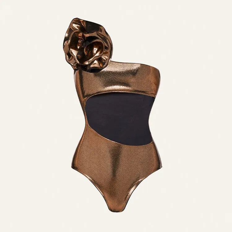 Handmade gold one-piece swimsuit with halter neck and hollow-out design