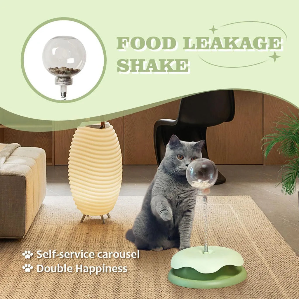 Blue or green PP plastic cat treat dispenser toy with track ball, showing slow feeder design and rounded shape.