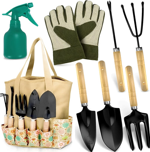 8-piece stainless steel gardening tool set with wooden storage box showing trowel, transplanter, weeder, cultivator, pruner, and digging fork