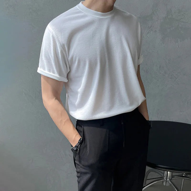 Men's slim-fit cotton t-shirt in white and black, showing round neck and half sleeves.