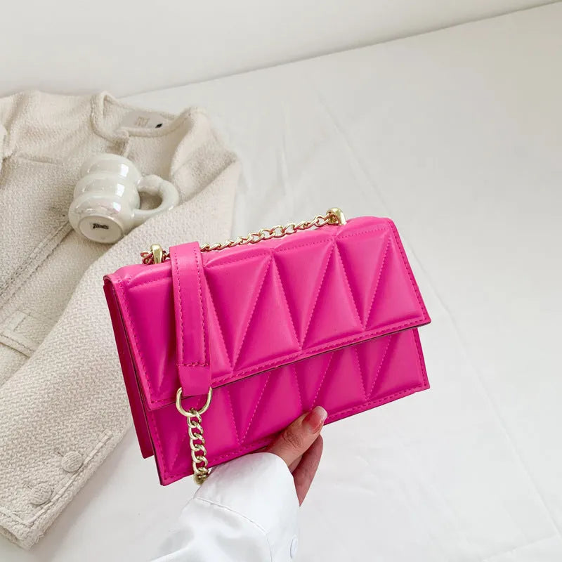 Small square PU crossbody bag with chain strap, 22cm wide, in white black green rose red or orange