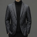 Men's black lapel collar down jacket in cardigan style with side seam pockets