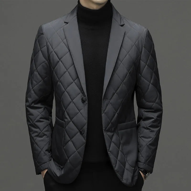 Men's black lapel collar down jacket in cardigan style with side seam pockets