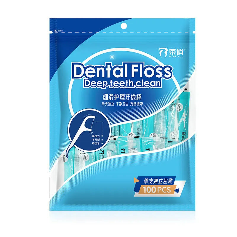 Portable bag containing disposable dental floss packs with plastic high tensile material