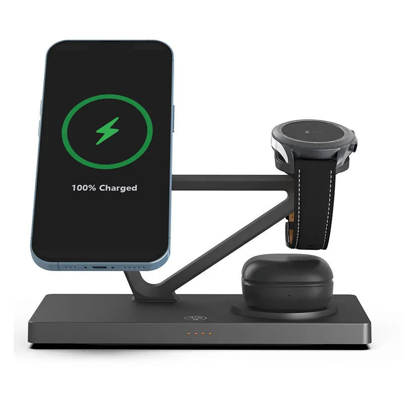 White five-in-one wireless charging night lamp showing magnetic phone bracket, watch pad, and circular base station.