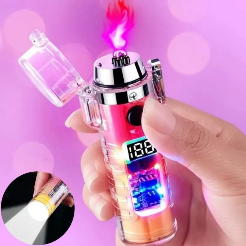 Transparent USB rechargeable electric lighter with dual arc, LED light, and nylon lanyard in black colour
