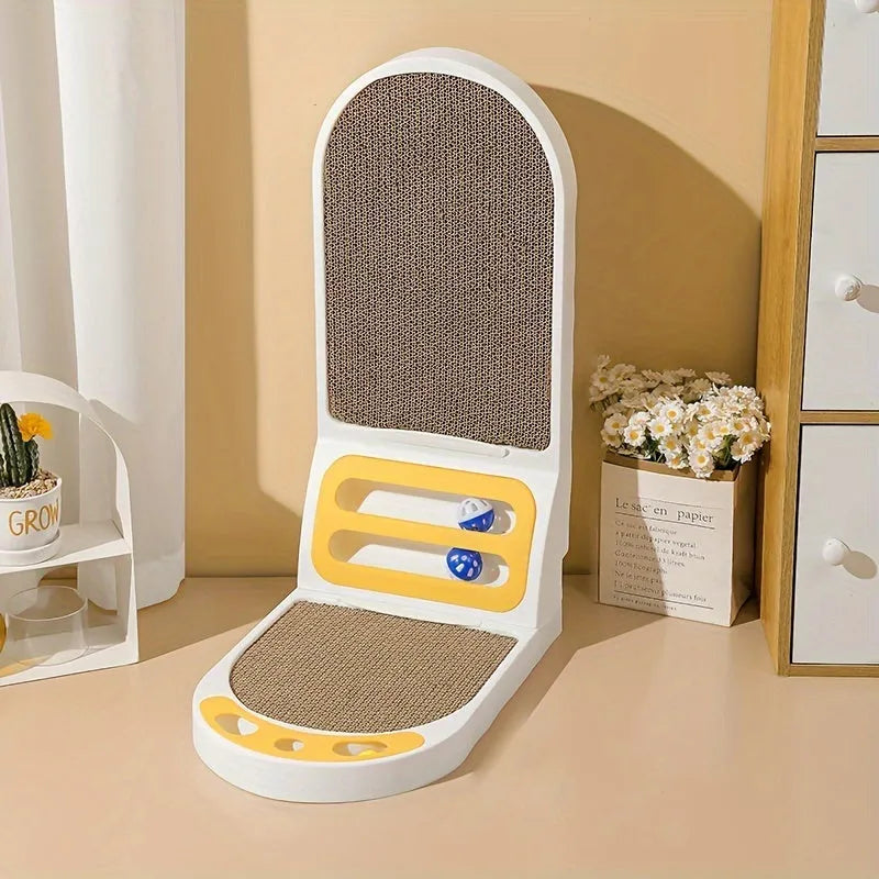 Grey L-shaped vertical cat scratching board with sisal surface mounted on a wall
