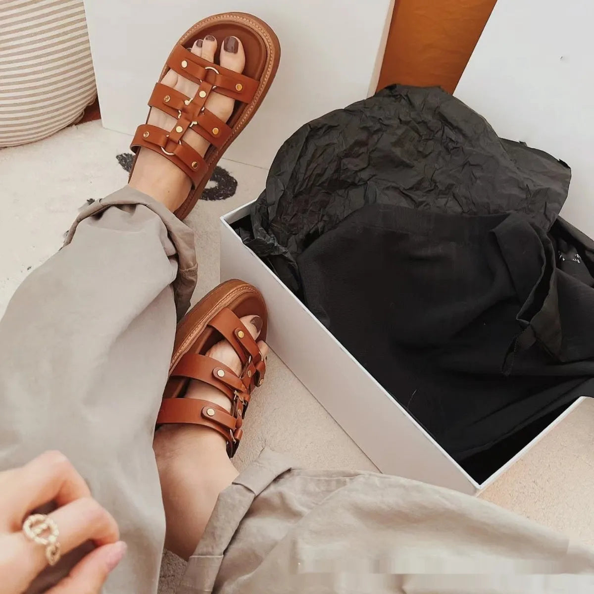 Women's brown Roman style sandal slippers made from glossy patent sheepskin leather