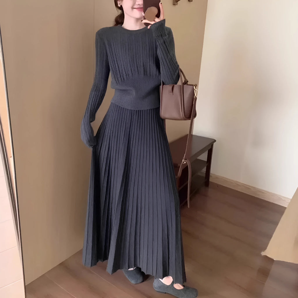 Women's dark grey knitted dress suit set with ethnic collage stitching on sweater and skirt