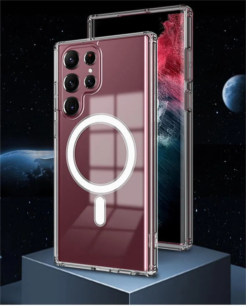 Transparent MagSafe magnetic phone case for Samsung smartphones showing magnetic ring and clear TPU material