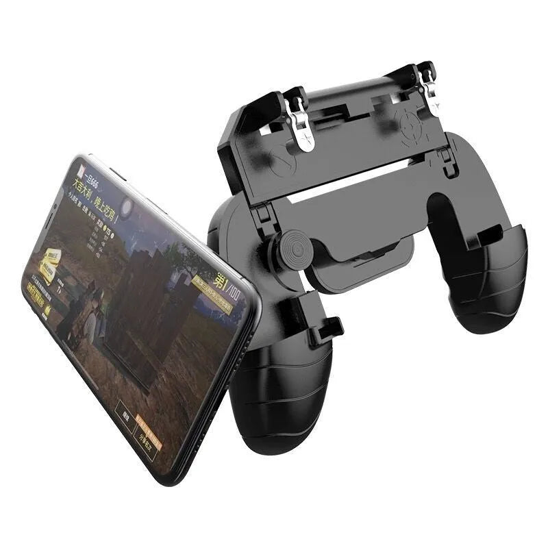 Multifunctional mobile game handle with adjustable clamp holding a smartphone, showing removable thumbsticks and trigger buttons