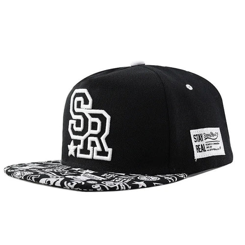Adjustable cotton baseball cap with dome crown and letter embroidery in black or white