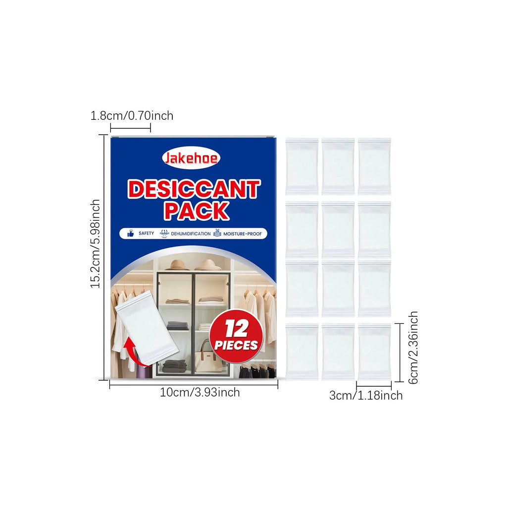 Pack of twelve white calcium chloride desiccant units for household moisture and odour control.