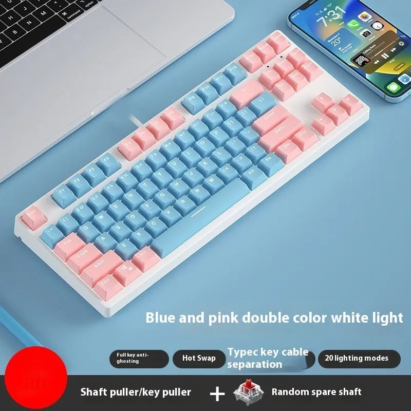 87 key wired mechanical keyboard with hot-swappable switches showing dual-colour keycap theme on metal body
