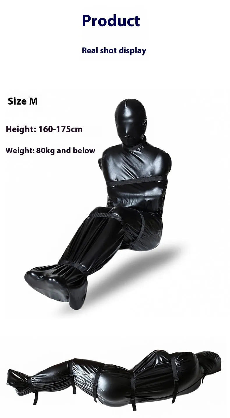 Black patent leather bondage set showing body wrap and six ratchet tie down straps