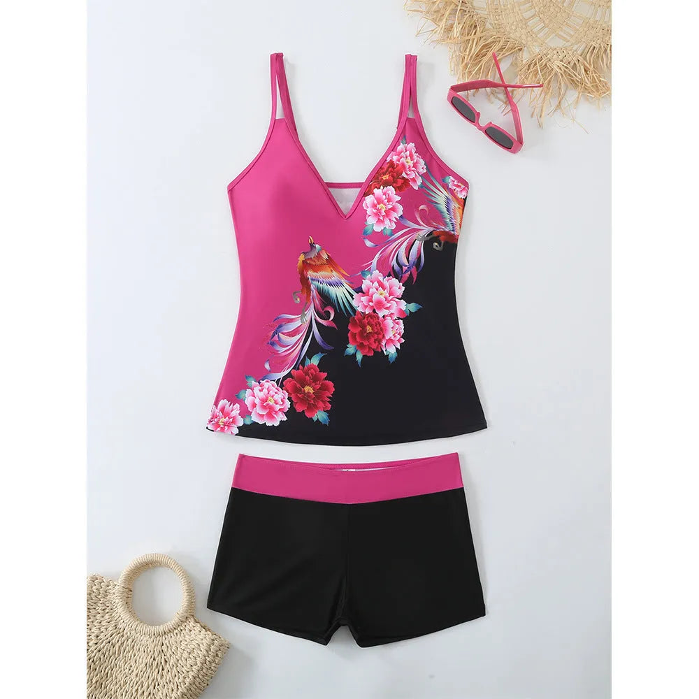 Plus size women's printed two-piece swimsuit set in Black or Rose Red with briefs style.