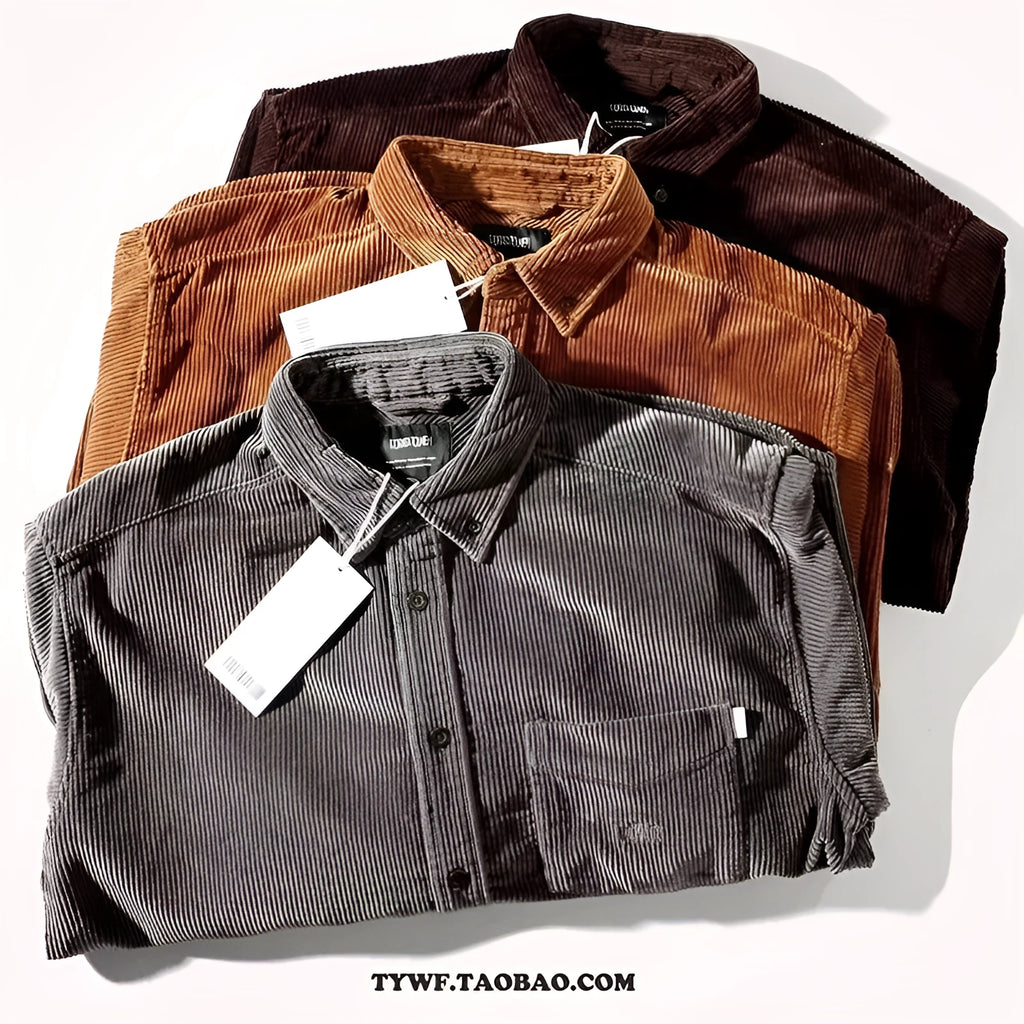 Loose fit caramel corduroy shirt with long sleeves and cardigan styling
