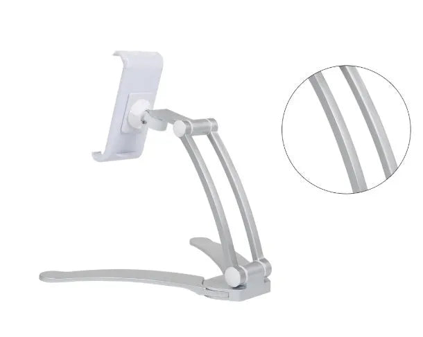 Silver aluminium alloy desktop stand holding a tablet, showing its adjustable clip and mounting base.
