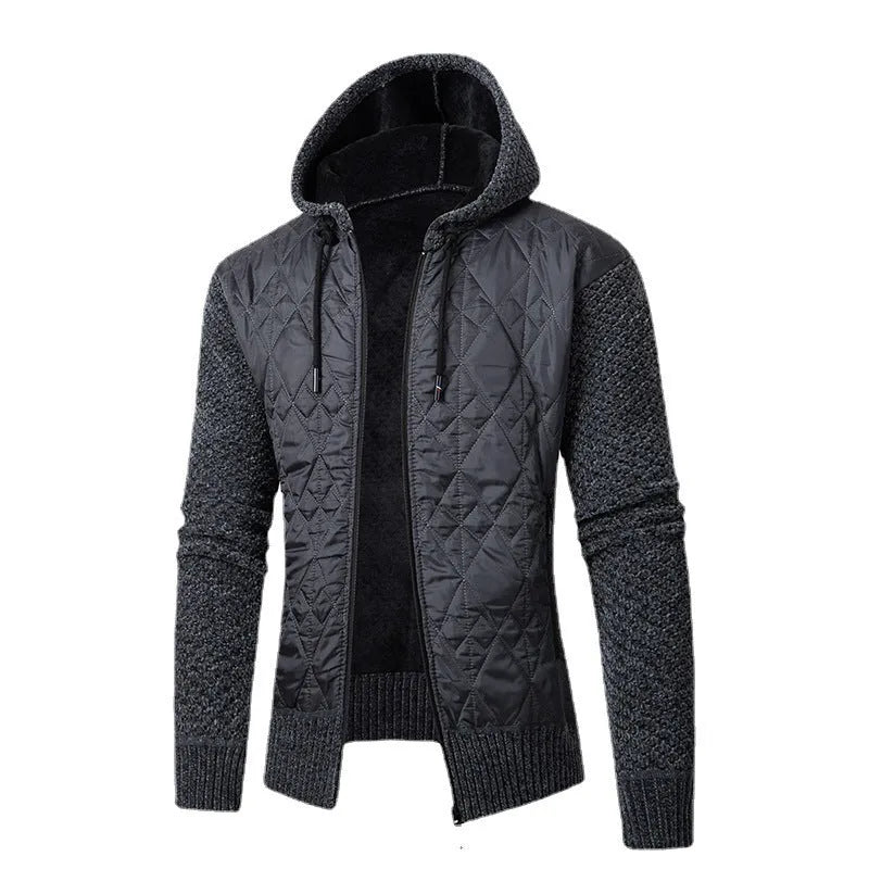 Men's grey corduroy hooded sweater coat with cinched waist design