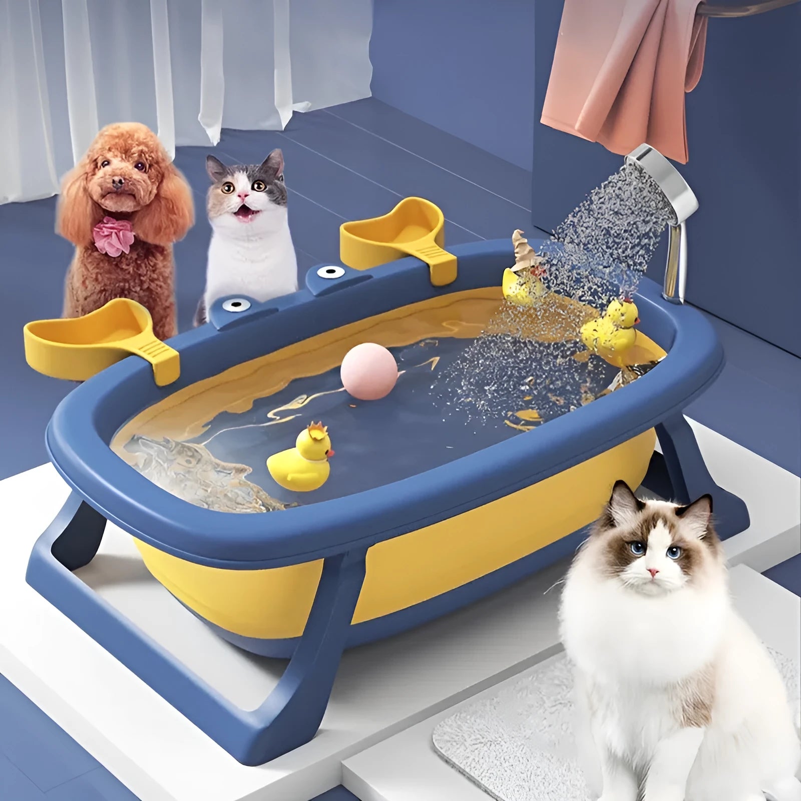 Blue foldable plastic pet bath tub for small dogs and cats on a plain background.