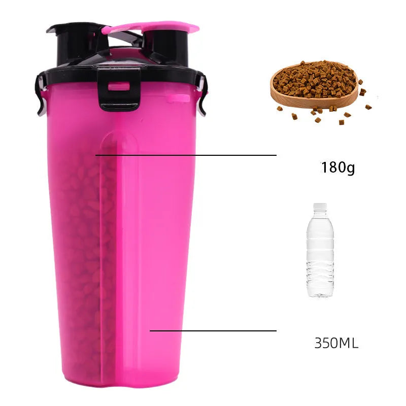 White portable pet cup with separate water and food compartments for dogs and cats outdoors.