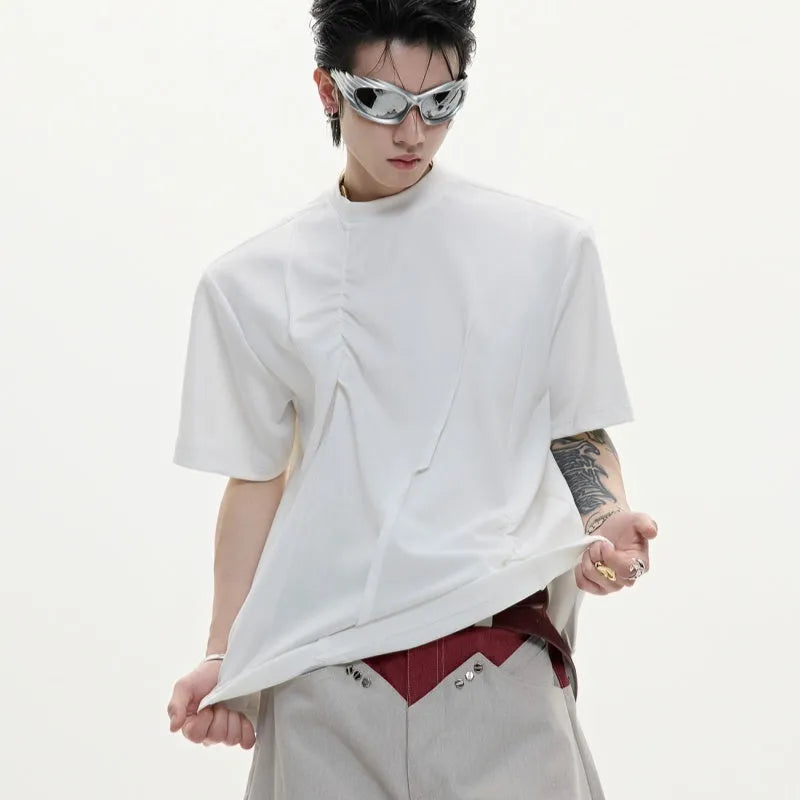 Men's loose fit cotton T-shirt with three-dimensional pleated design in solid colour options