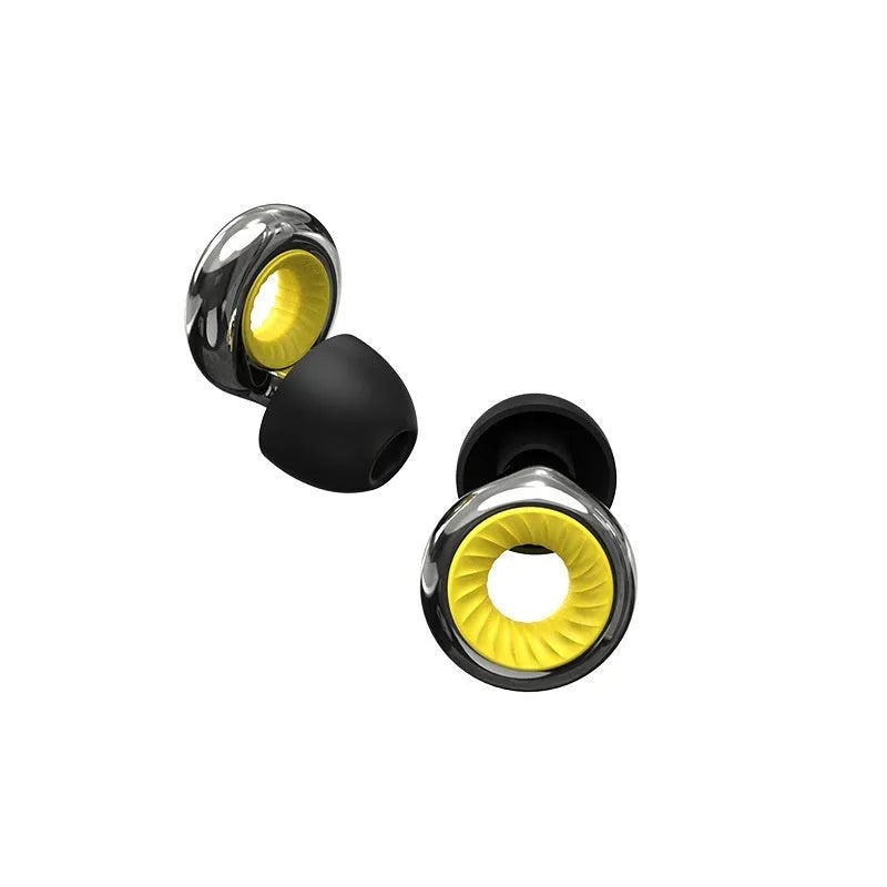 Set of reusable silicone earplugs in multiple colours with a storage box and spare ear caps.