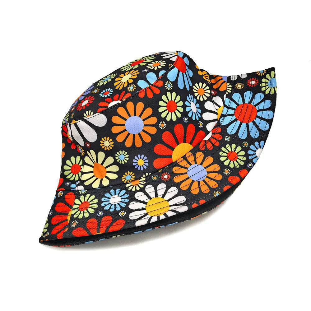 Colourful flowers print bucket sun hat with dome crown in medium size
