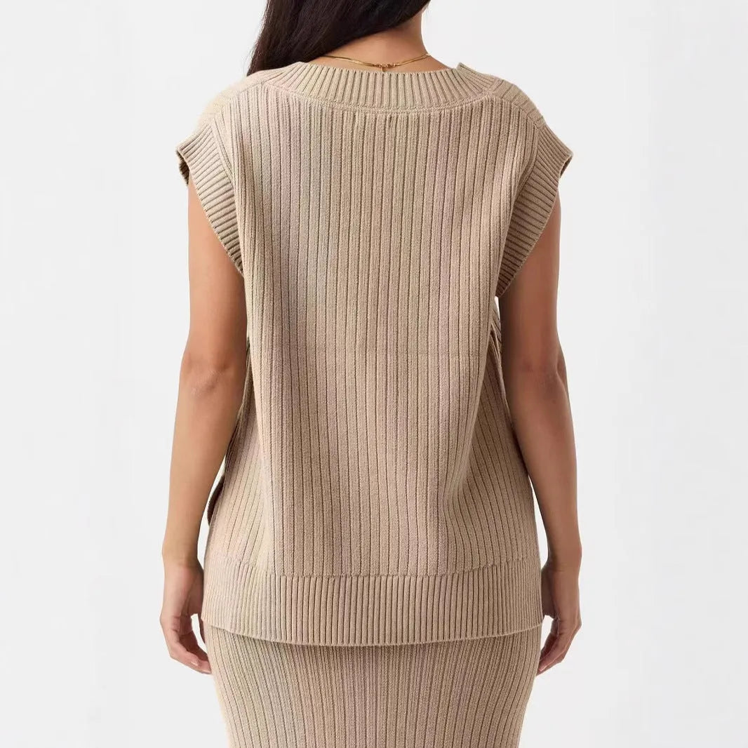 V-neck sleeveless loose pullover vest in camel colour with striped pattern