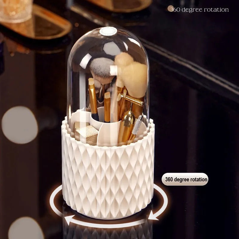 White transparent acrylic makeup brush holder with lid on a desktop, showing rotating base.