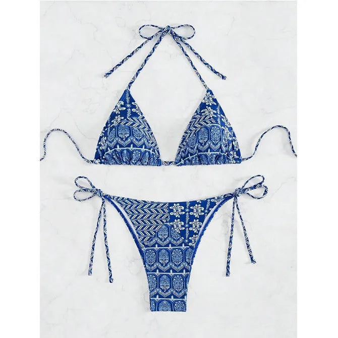 Split bikini bandage swimsuit with printing and stitching detail in polyester fabric