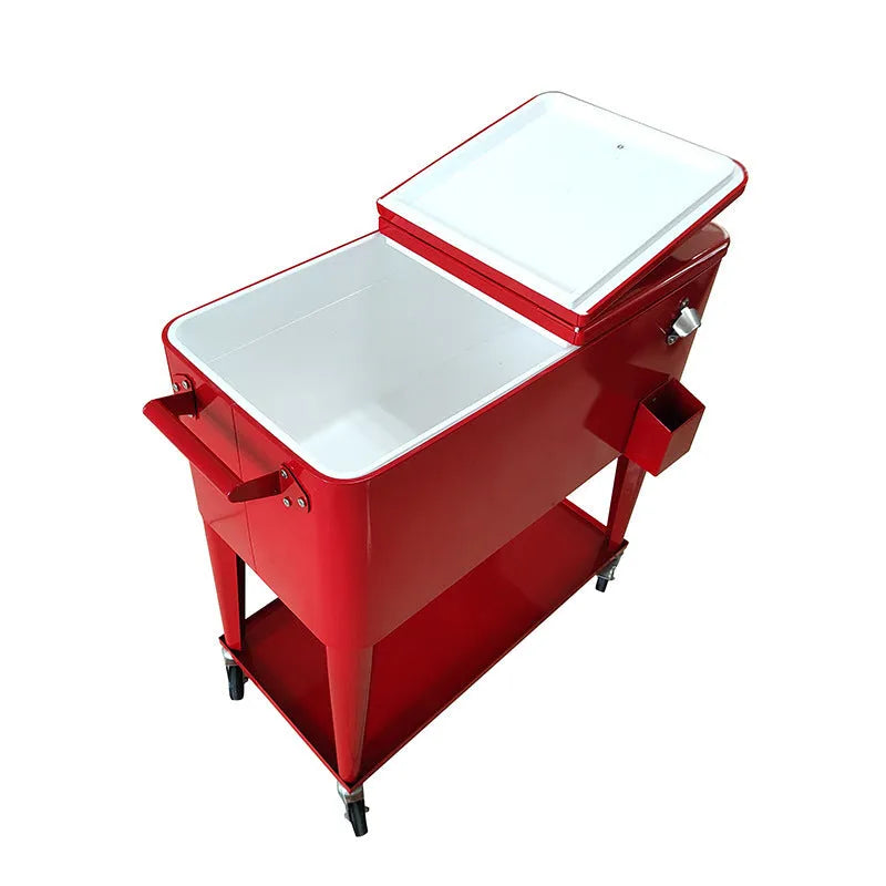 Red metal insulated trolley ice bucket with 750ml capacity for outdoor picnics