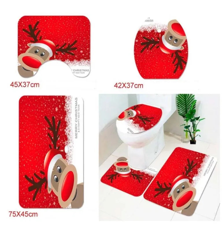 Christmas bathroom decoration set with flannel toilet cover, floor mat, and shower curtain in Santa design