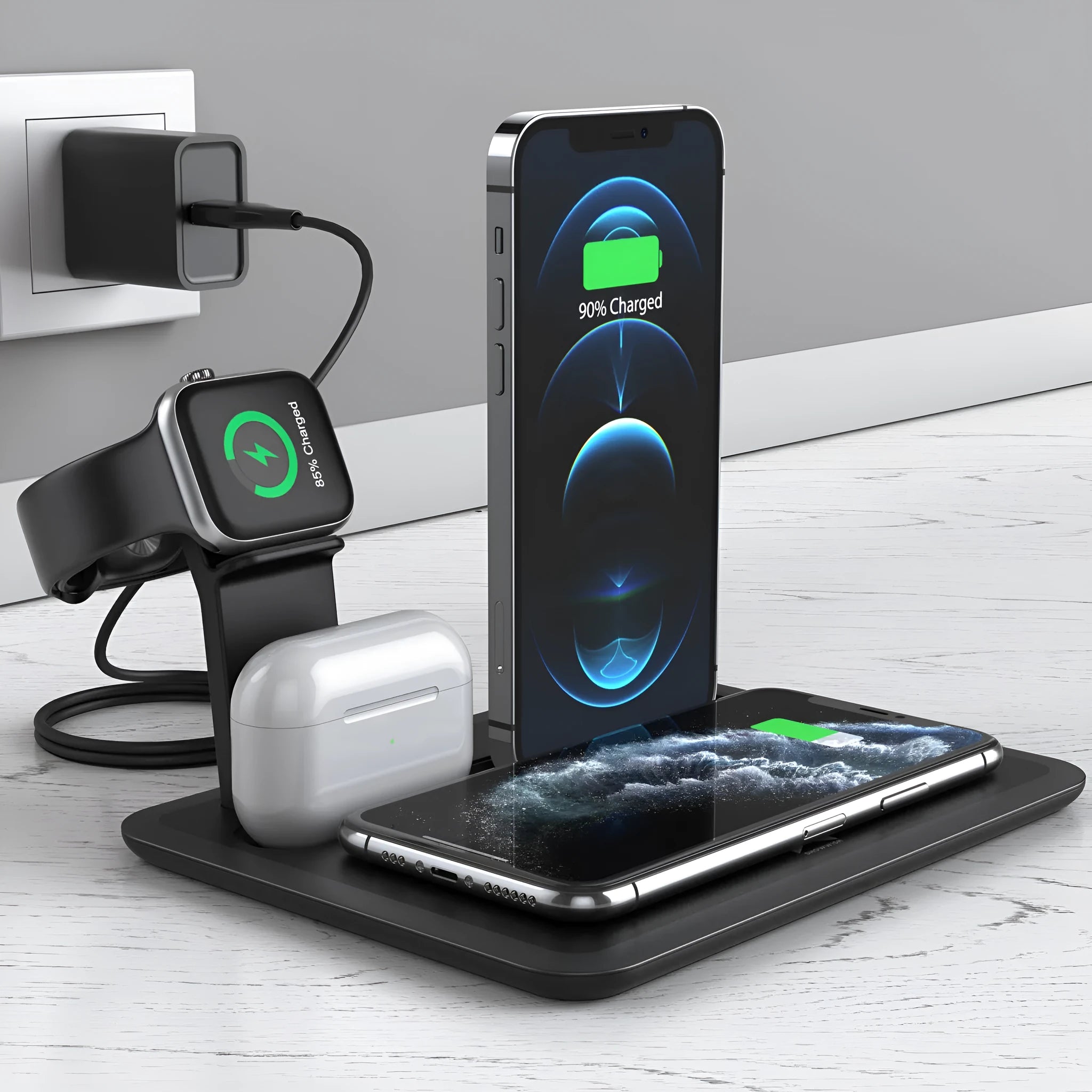 Black and white desktop wireless charging station for phone, watch, and headphones showing 175mm width.