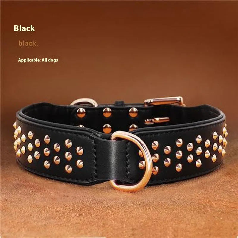 Leather dog collar with metal rivets in black, chocolate, and pink, shown in L and XL sizes.