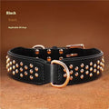 Leather dog collar with metal rivets in black, chocolate, and pink, shown in L and XL sizes.