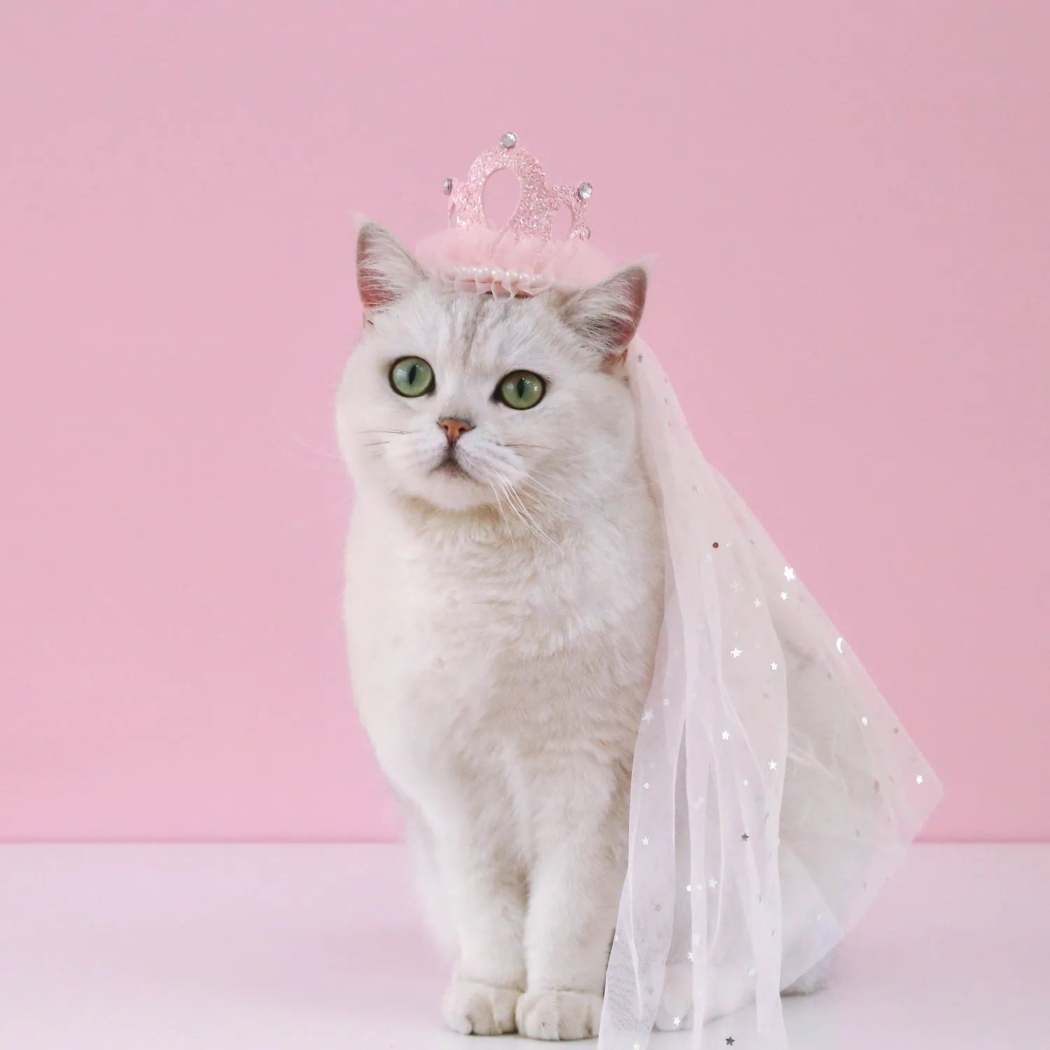 Beige and pink pet princess crown veil headdress accessory for cats and dogs.