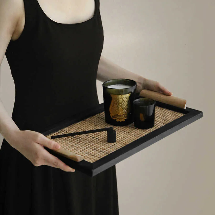 Pine wood serving tray with compartments shown in small and large size options.