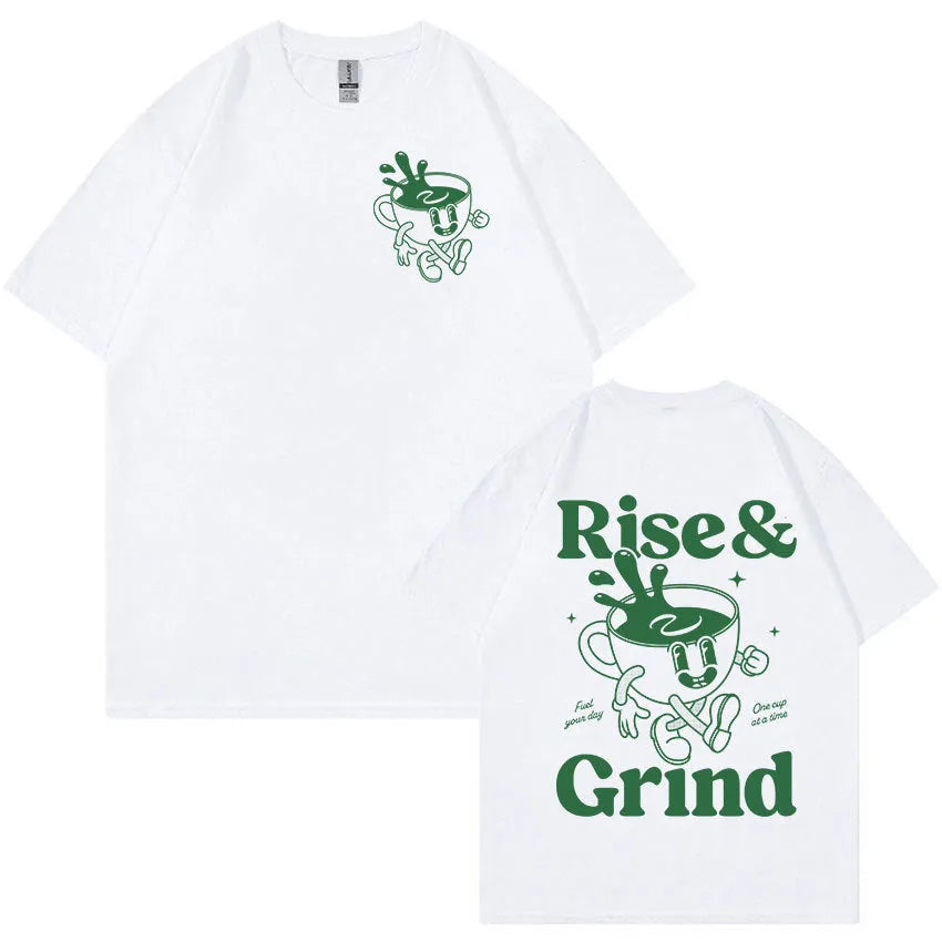 Men's loose linen t-shirt with green coffee cartoon design showing 'Rise and Grind' text