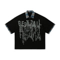 Men's loose graffiti print cotton top with asymmetric lapel in blue and red colours